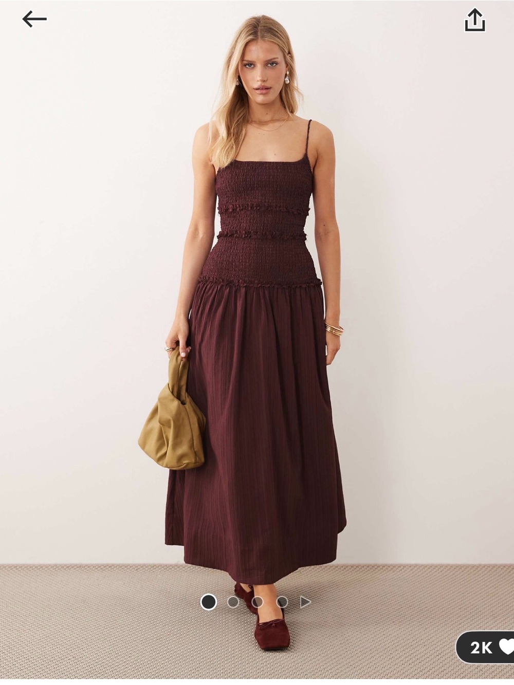 ASOS Women's Smocked Drop Waist Maxi dress in Deep Burgundy